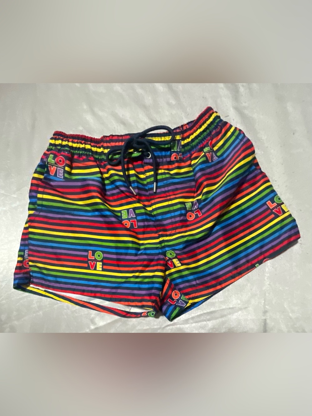 Men Rainbow Stripe Swim Shorts with LOVE Print